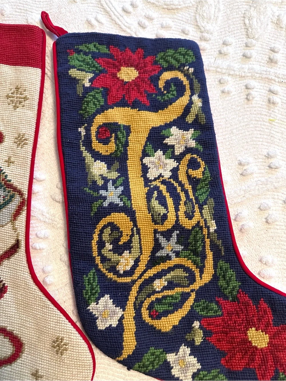 Pair of Christmas Needlepoint Embroidered Holiday Stockings in Red, Navy & Cream